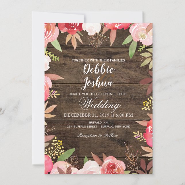Invitation de Mariage campagnard rustique Rose rou (Devant)