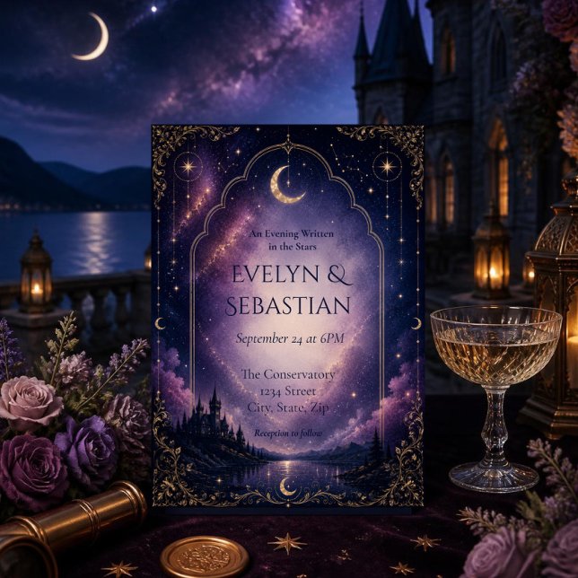 Invitation de mariage céleste | Château au clair d (Moonlit castle celestial wedding invitation with purple galaxy sky and elegant gold Art Deco details)