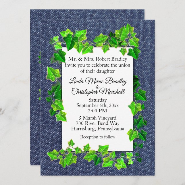 Invitation de mariage champêtre en denim Vignes (Devant / Derrière)