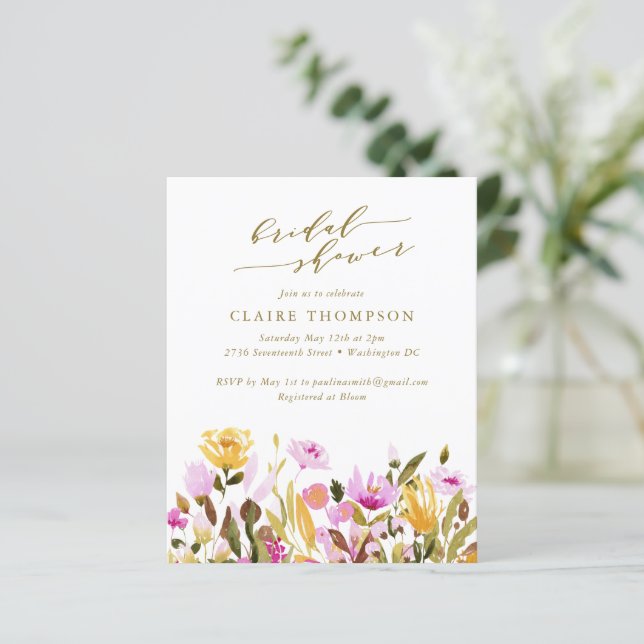 Invitation de mariage champêtre été fleurs roses p (Debout devant)
