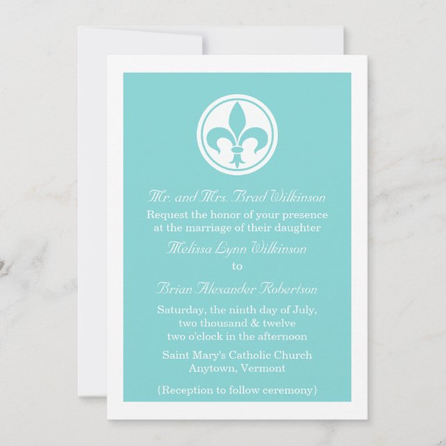 Invitation De Mariage Chic Fleur De Lis, Aqua (Devant)