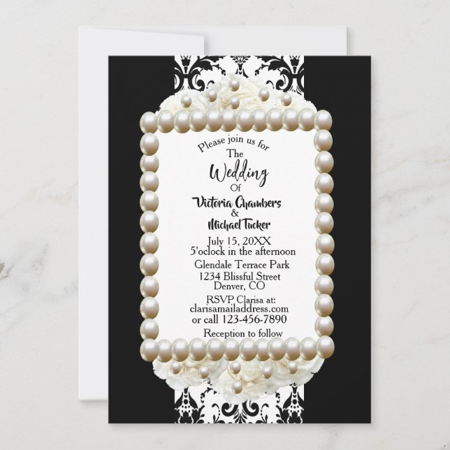 Invitation de mariage chic noire et blanche avec d (Devant)