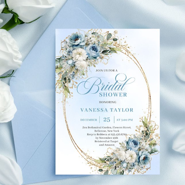 Invitation de mariage chic poussiéreux bleu fleurs (Chic Dusty Blue Flowers Gold Bridal Shower Invite)
