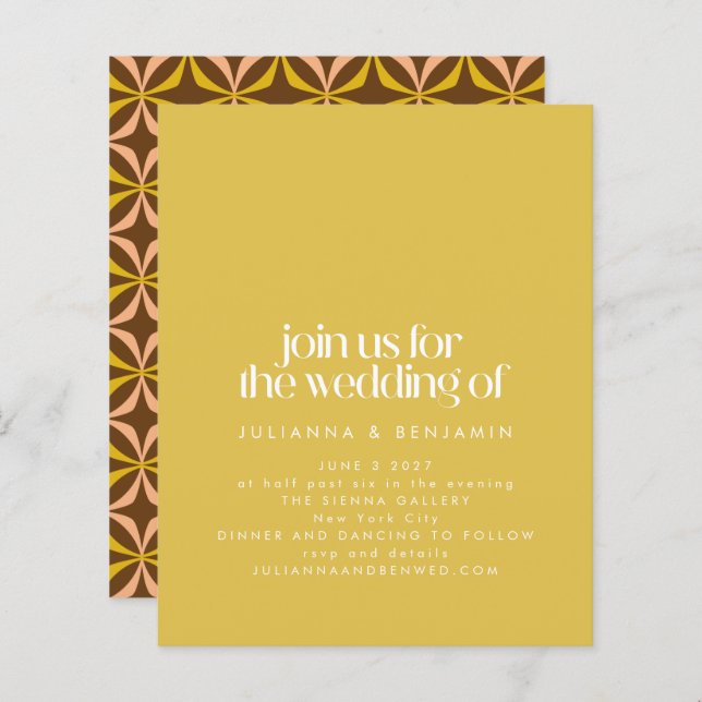 Invitation de mariage chic rétro jaune budget (Devant / Derrière)