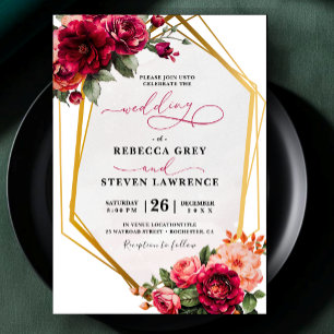 Invitation de mariage chic rouge gris floral