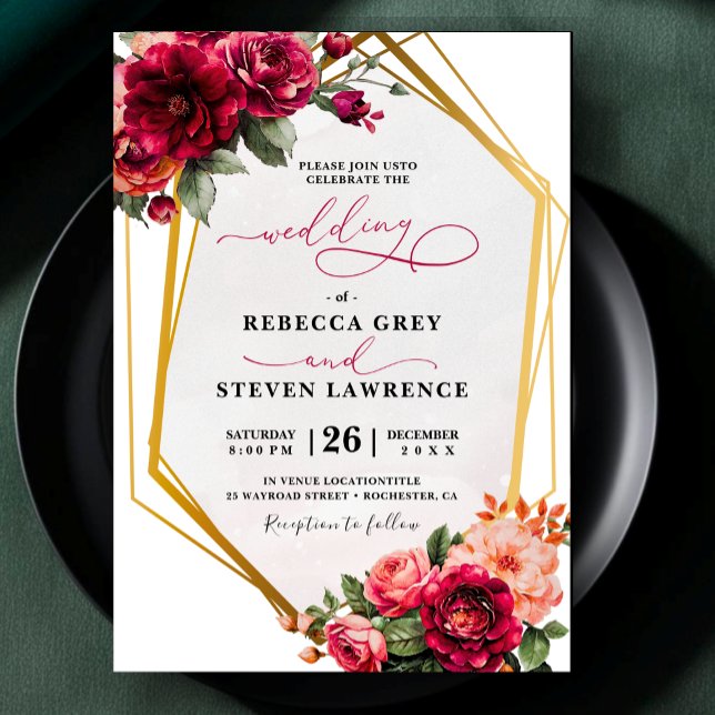 Invitation de mariage chic rouge gris floral (Créateur téléchargé)