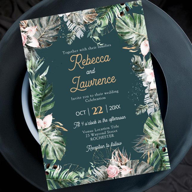 Invitation de mariage chic tropical à motif floral (Créateur téléchargé)