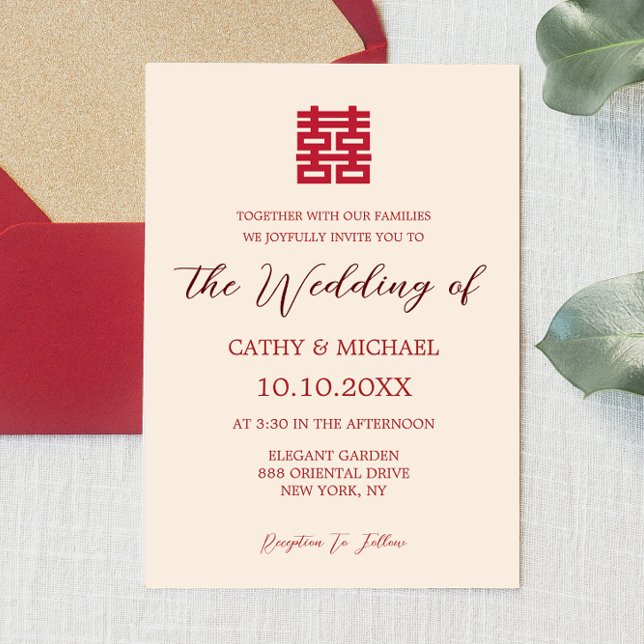 Invitation de mariage chinoise moderne simple roug (Créateur téléchargé)