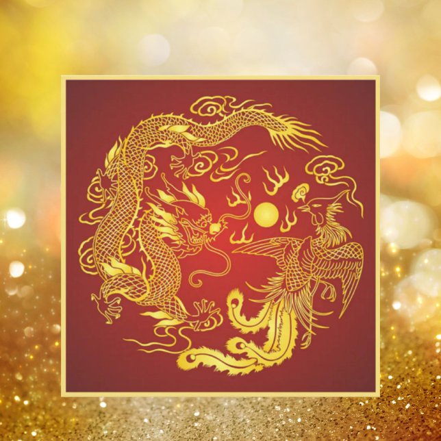 Invitation de mariage chinoise rouge or Dragon Pho (Dragon Phoenix Red Gold Chinese Wedding Invitation)