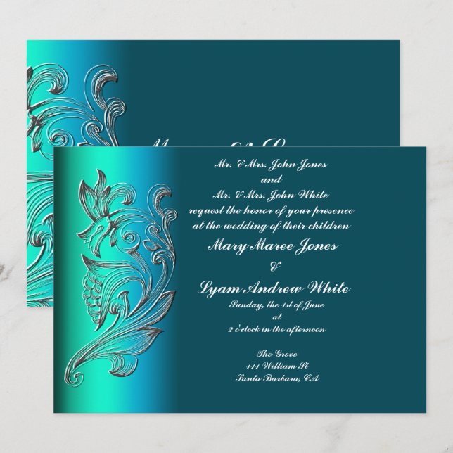 Invitation de mariage classique aqua en relief (Devant / Derrière)