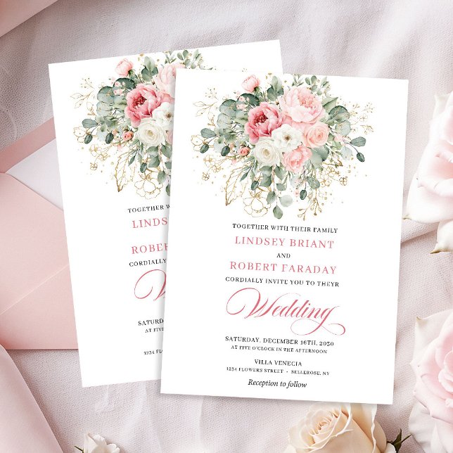 Invitation de mariage classique aux pivoines roses (Classic Blush Peonies Greenery Gold Wedding Invite)