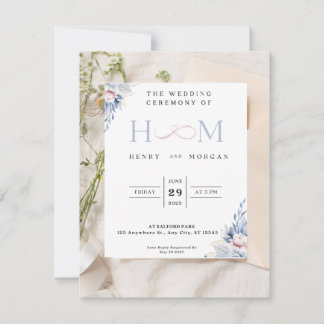 Invitation de mariage, classique avec fleurs bleue