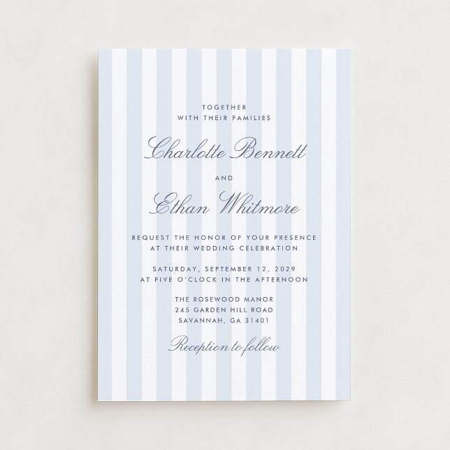 Invitation de mariage classique bleu rayé Préppy (Créateur téléchargé)