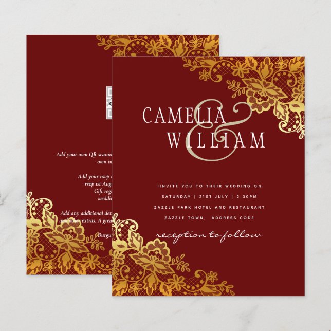 Invitation de mariage classique de dentelle d'or B (Devant / Derrière)
