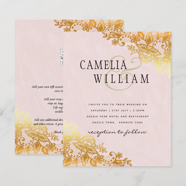 Invitation de mariage classique de dentelle d'or B (Devant / Derrière)