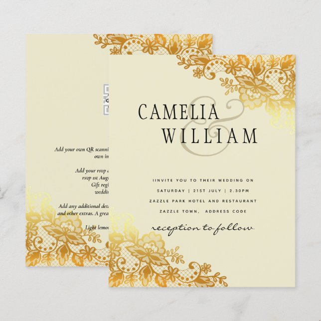 Invitation de mariage classique de dentelle d'or B (Devant / Derrière)