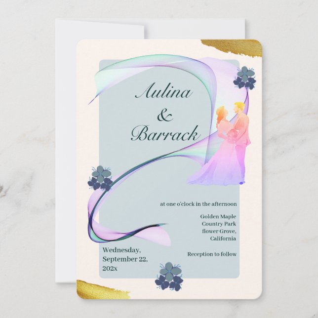 Invitation de mariage classique doré violet vert é (Devant)