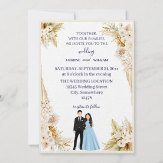 Invitation de mariage classique en beige et or