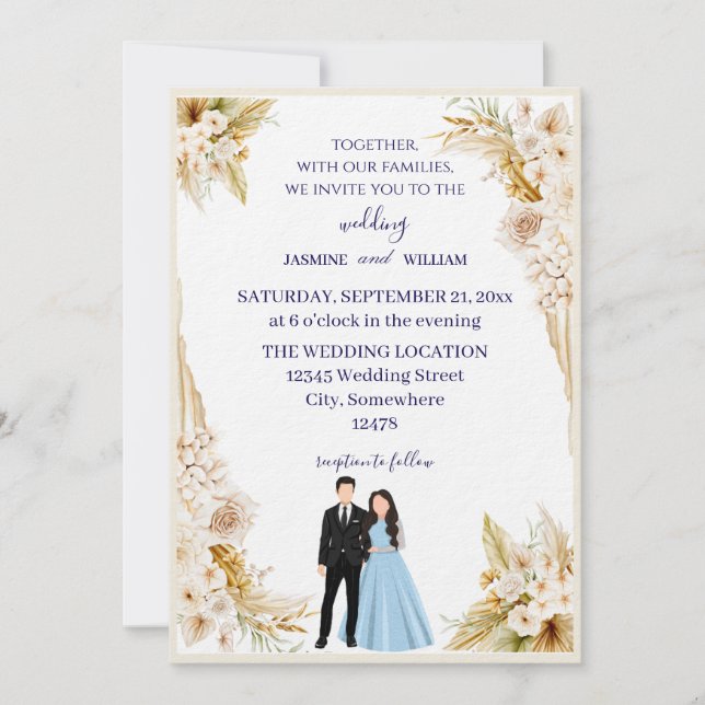 Invitation de mariage classique en beige et or (Devant)