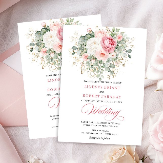 Invitation de mariage classique en rose pivoine av (Classic Blush Peonies Greenery Gold Wedding Invite)