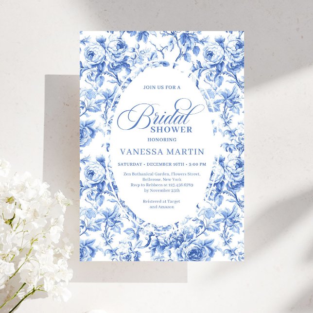 Invitation de mariage classique Navy Blue Toile Ro (Classic Navy Blue Toile Rose Bridal Shower Invitation)