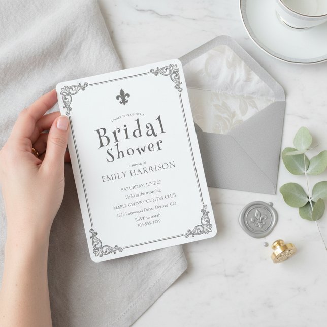 Invitation de mariage classique noir et blanc (A sophisticated classic bridal shower invitation in black and white with refined typography)