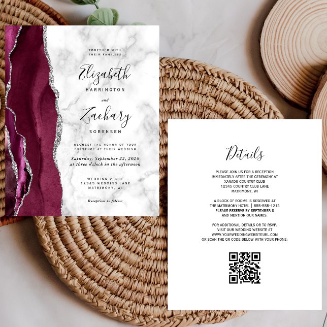 Invitation de mariage Code QR Marbre Agate Bourgog (Créateur téléchargé)