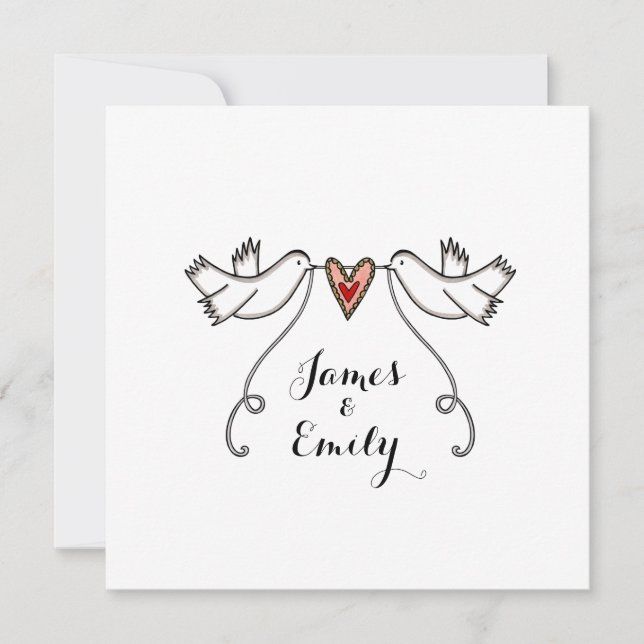Invitation de mariage coeur d'amour colombes blanc (Devant)
