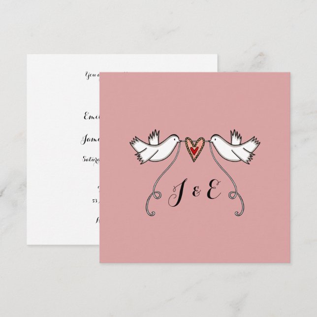 Invitation de mariage coeur d'amour colombes blanc (Devant / Derrière)