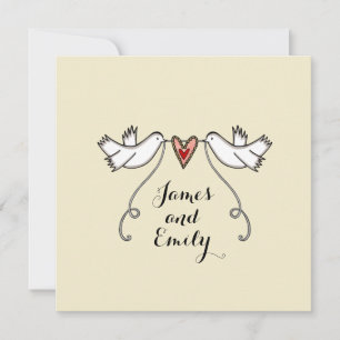 Invitation de mariage coeur d'amour colombes blanc