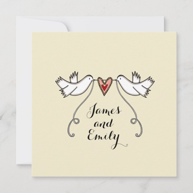 Invitation de mariage coeur d'amour colombes blanc (Devant)
