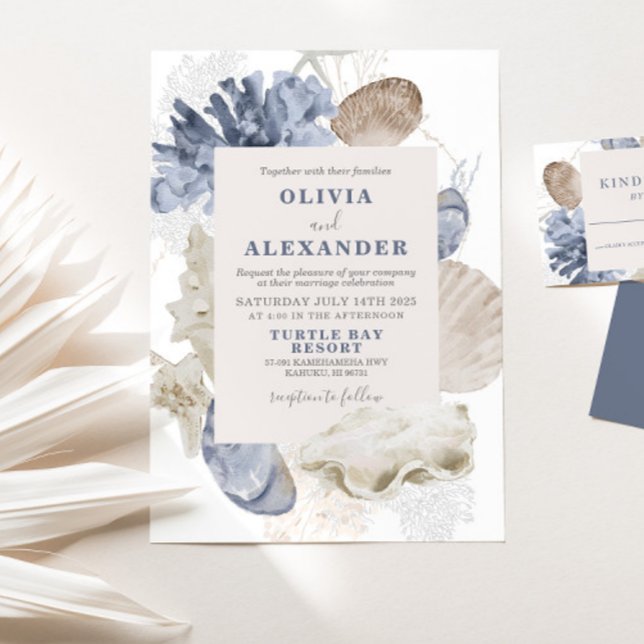 Invitation de mariage coquillage bleu de plage côt (Créateur téléchargé)
