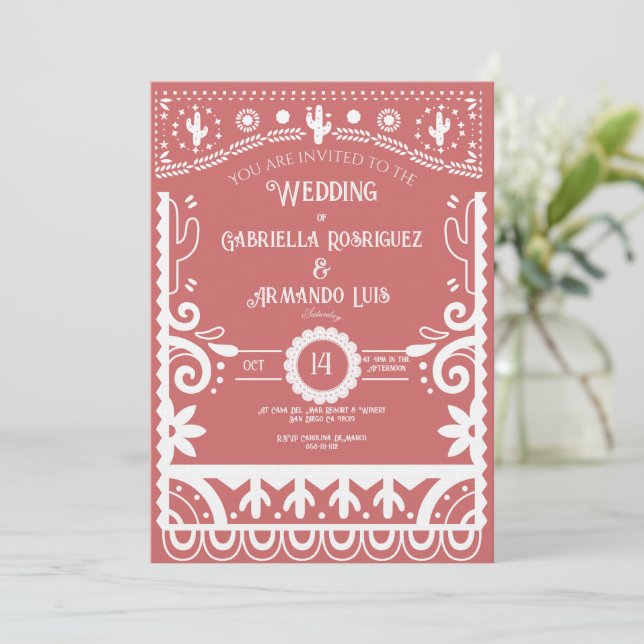 Invitation de mariage corail rose et blanc en papi (Debout devant)