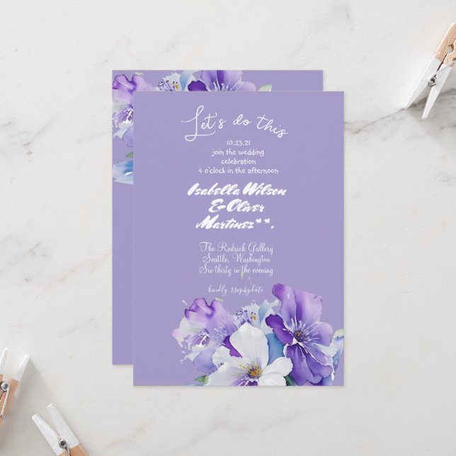 invitation de mariage couleur lavande florale (Devant/Arrière en situation)