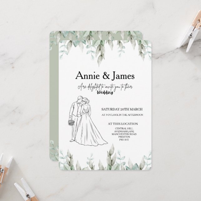 Invitation de mariage couple art en ligne minimali (Devant/Arrière en situation)