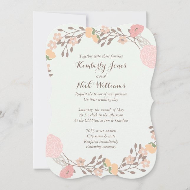 Invitation de mariage Couronne Fleurie Rose Menthe (Devant)