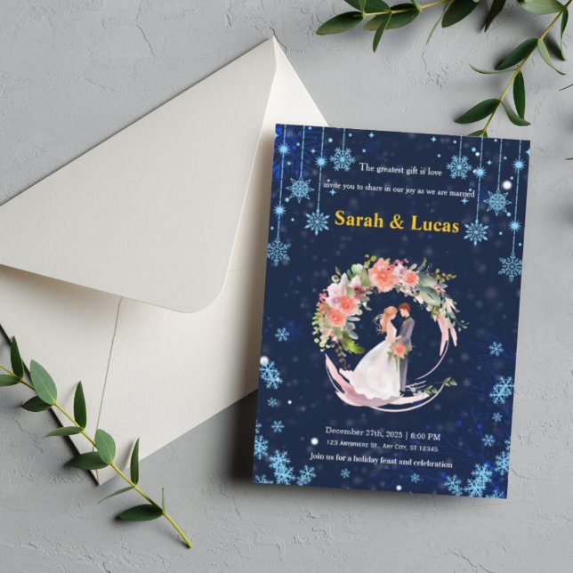 Invitation de mariage Couronne Florale de Neige d' (Navy Blue Winter Snow Floral Wreath Wedding Invite)