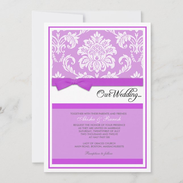 Invitation de mariage damassé dans le pourpre (Devant)