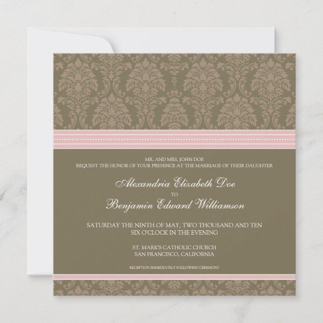 Invitation de mariage damassé de chocolat de roses (Devant)