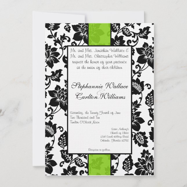 Invitation de Mariage damassé Floral Black/Lime Gr (Devant)
