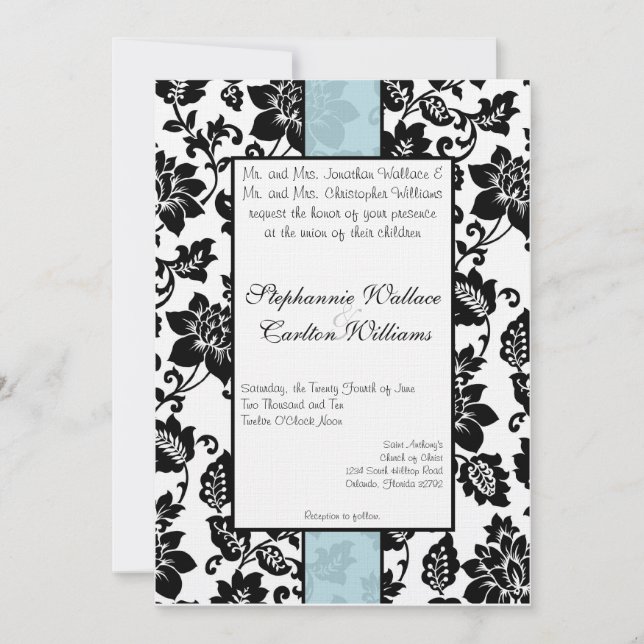 Invitation de Mariage damassé Floral noir/bleu (Devant)