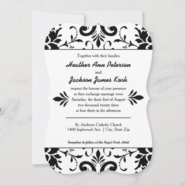 Invitation de mariage damassé formelle noir et bla (Devant)