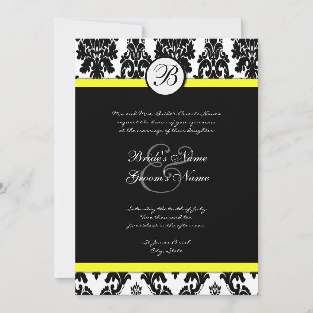 Invitation de Mariage damassé Jaune Noir Blanc (Devant)
