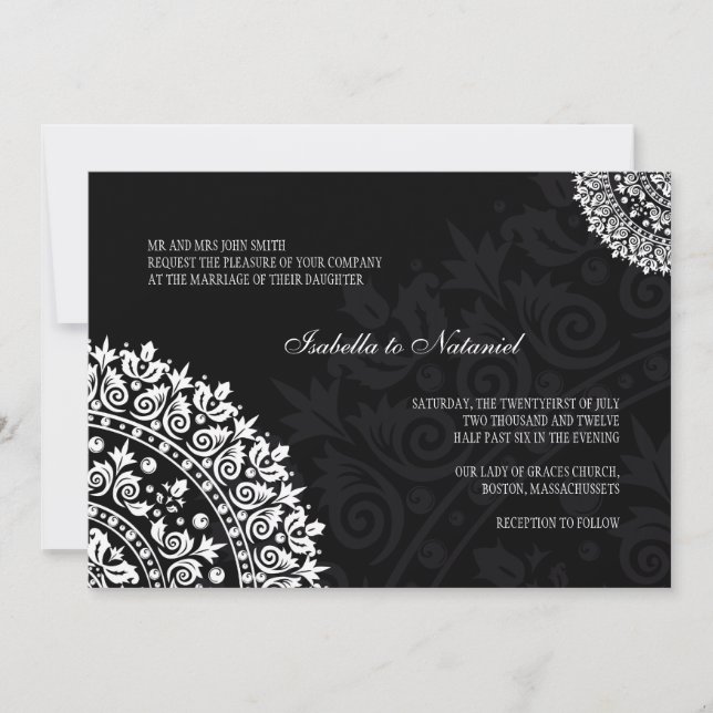 Invitation de Mariage damassé noir et blanc (Devant)
