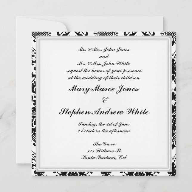 Invitation de mariage damassé noir et blanc (Devant)