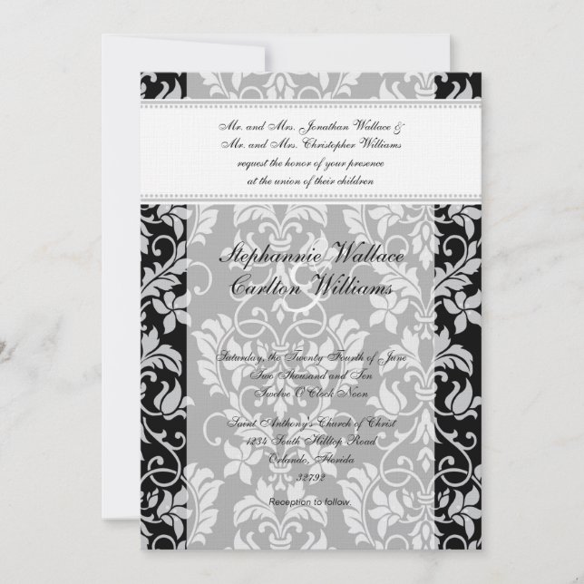 Invitation de Mariage damassé noir et gris (Devant)