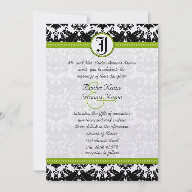 Invitation de mariage damassé oiseaux de l'amour v (Devant)