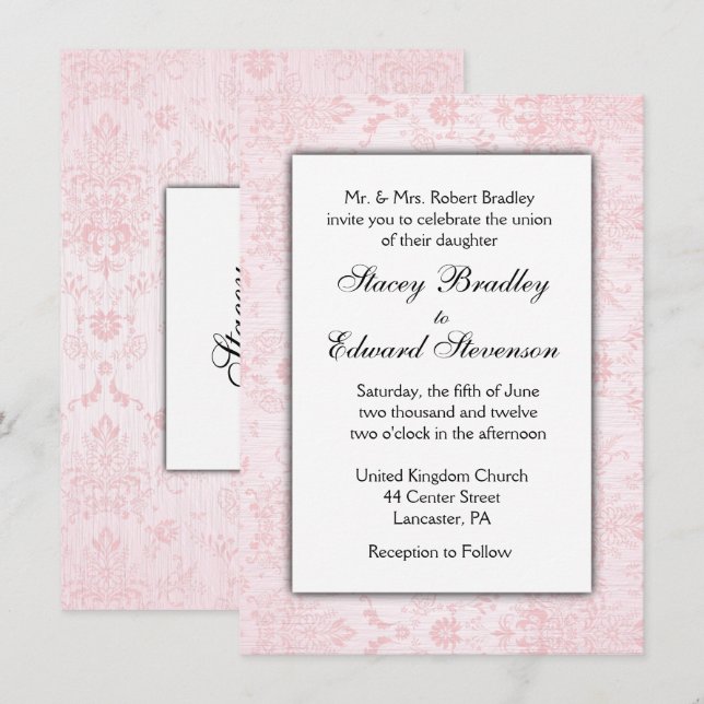 Invitation de Mariage damassé rose (Devant / Derrière)