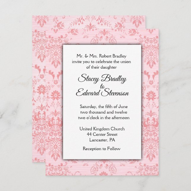 Invitation de Mariage damassé rose (Devant / Derrière)