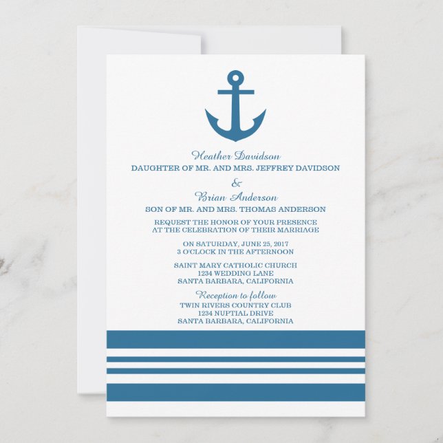 Invitation de mariage d'Ancres nautiques (Devant)